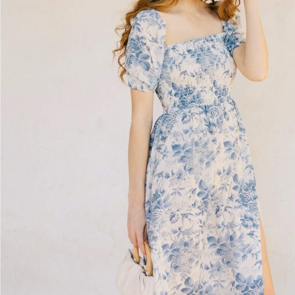 Morning Lavender Zoe Smocked Midi Dress in Blue Toile